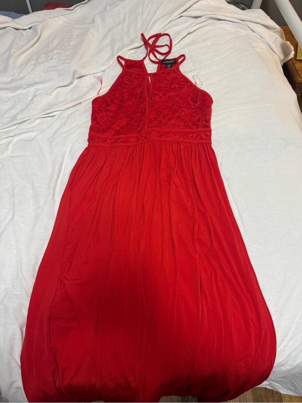 Scalloped Lace Halter Red Prom Dress - Unknown Brand